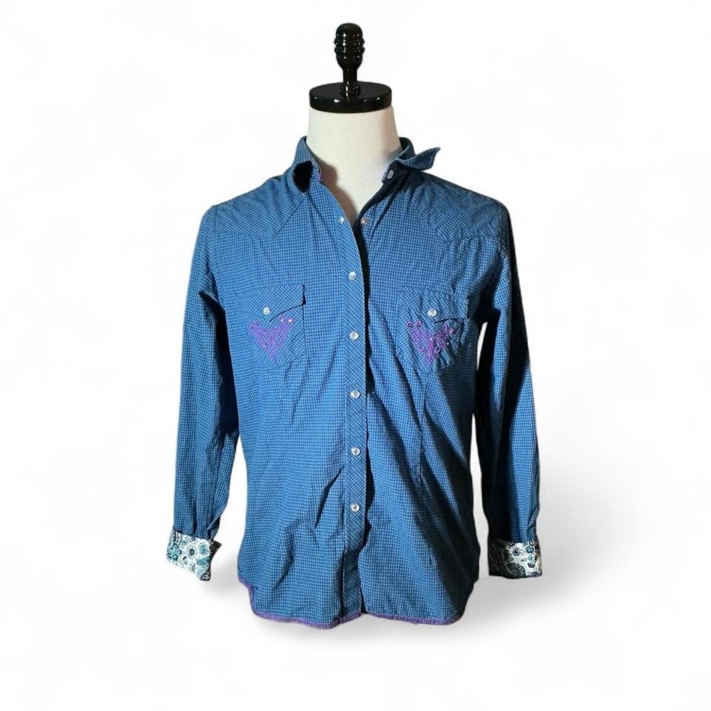 Rough Stock Western Shirt Blue Gingham Purple Embroidered‎ Hearts Snap Front M